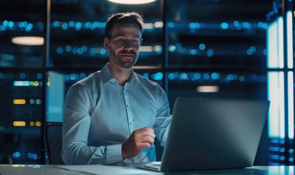 Business Man Ai Data Center Work At Laptop Computer In Memphis Office